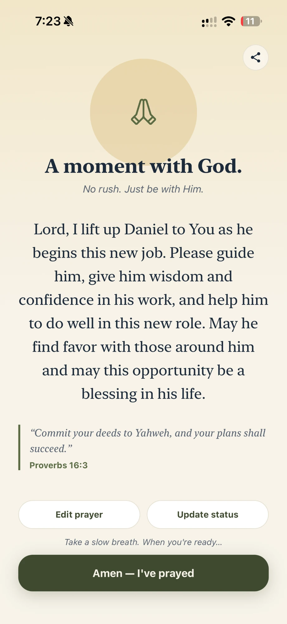 Answered app, A moment with God: a prayer with its Bible verse and an Amen button