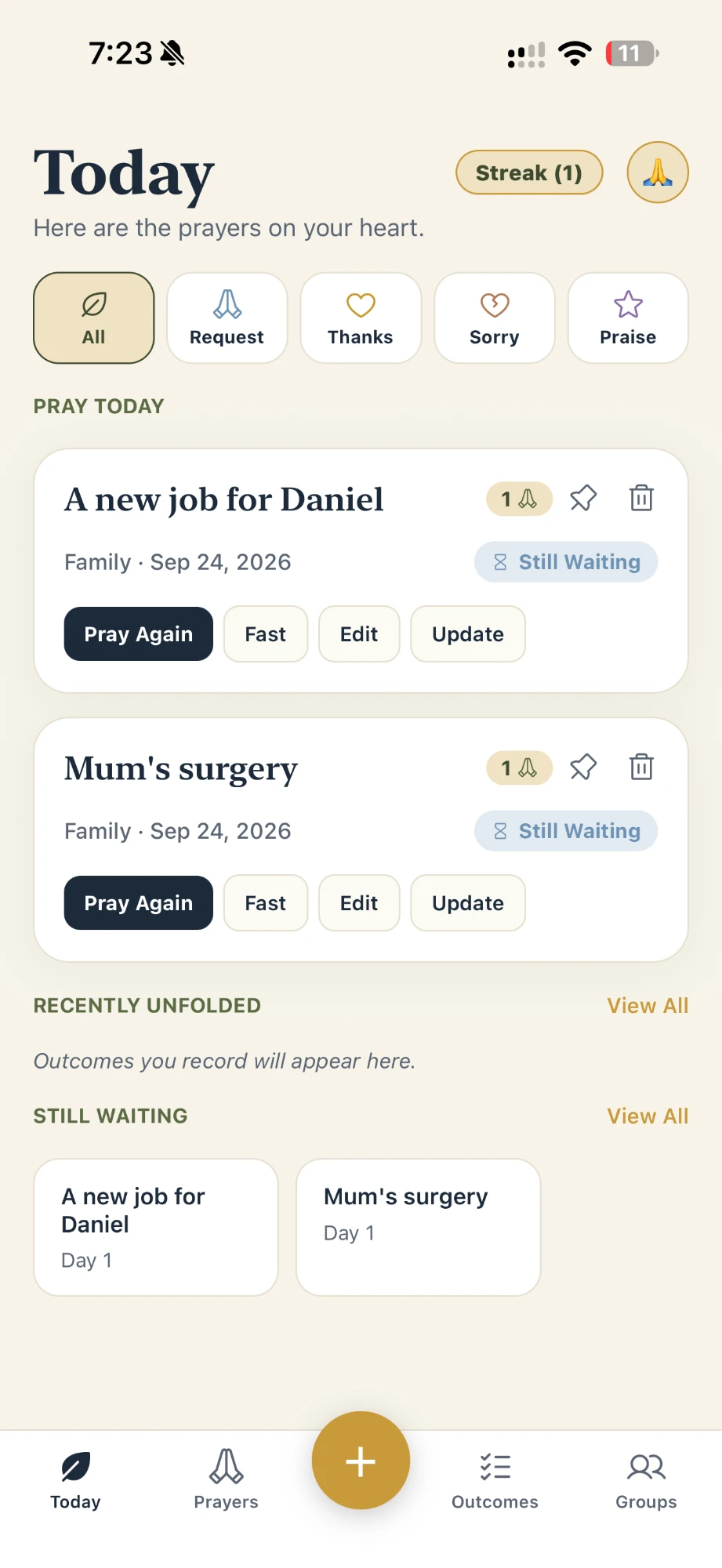 Answered app, Today screen listing the prayers on your heart